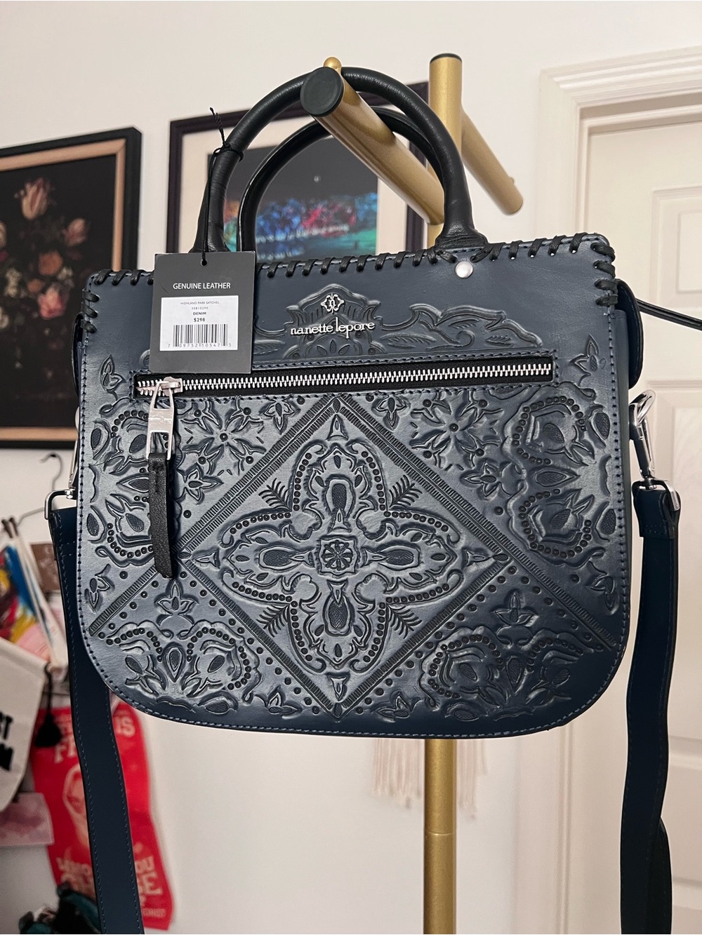 Nanette Lepore Two Tone Navy & Black Tooled Western Genuine Leather Bag